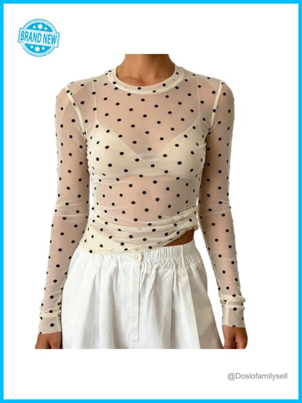 Seyumixi Women Sheer Polka Dot Mesh Long Sleeve Top See Through Layering Blouse